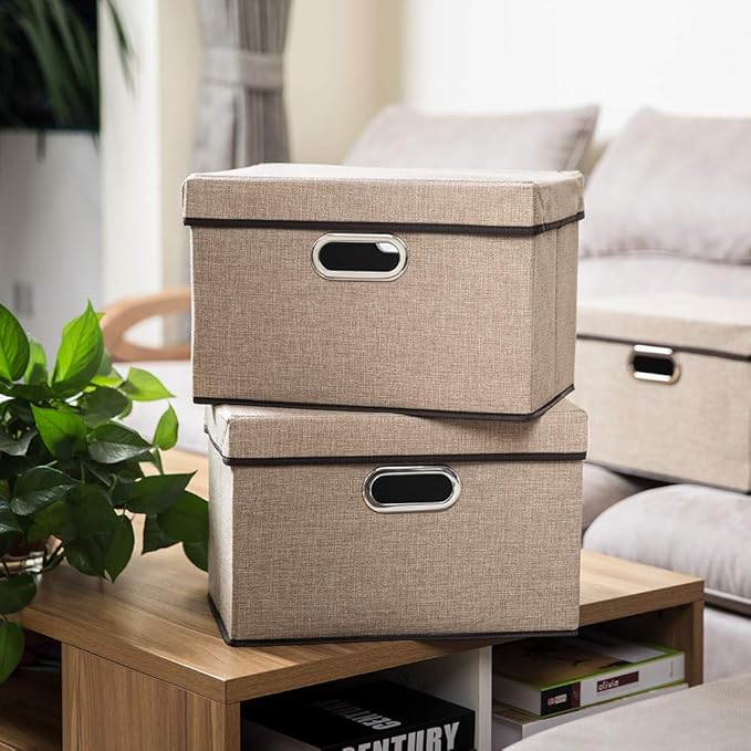 PRANDOM Collapsible Storage Cubes with Lids [3-Pack] Jute Fabric Foldable Storage Boxes Organizer Containers Baskets Bins with Cover for Home Bedroom Closet Office Nursery (14.9x9.8x9.8)-Ruum Studio Home