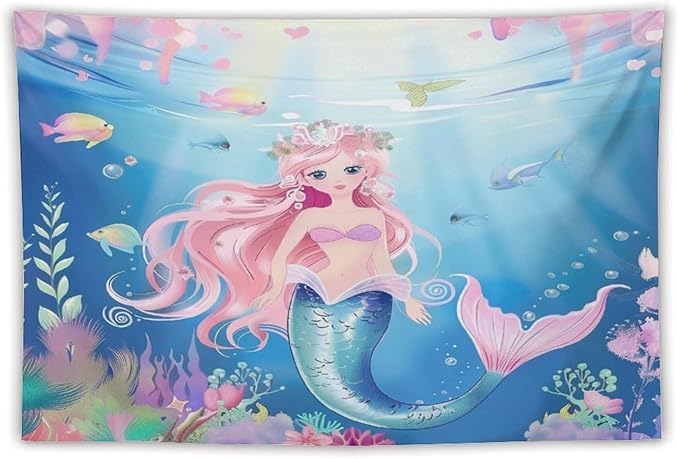 HZOHNAGO Mermaid Girls Tapestry Watercolor Mermaid Princess Pattern Printed Wall Tapestry Wall Hanging for Bedroom Living Room Dorm 90" W x 60" H-Ruum Studio Home