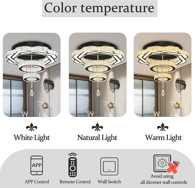 Flashing God Modern Crystal Chandeliers Dia 24" Black Chandelier Flush Mount Ceiling Light for Bedroom Living Room Dining Room Hallway Dimmable 3 Rings LED Celing Lighting Fixtures-Ruum Studio Home