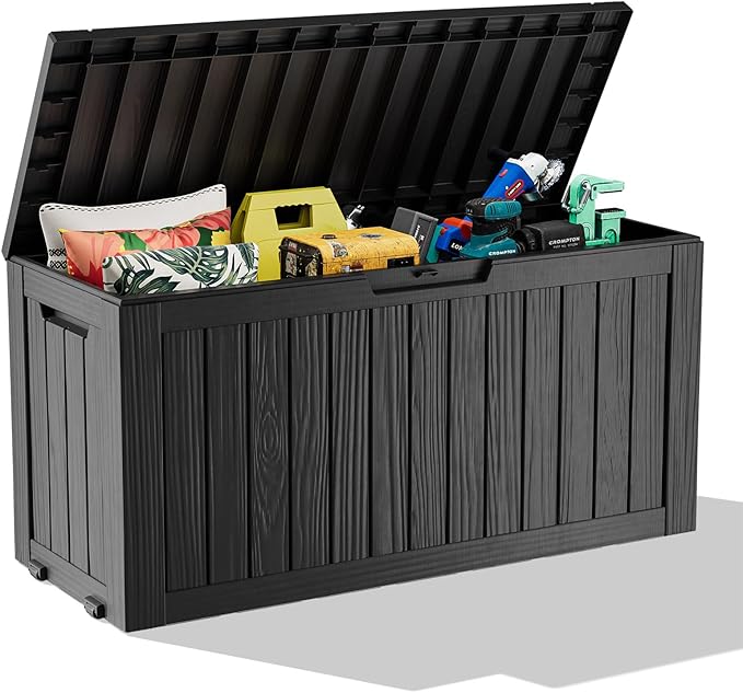 75 Gallon Resin Deck Box, Lockable Outdoor Storage Box for Patio Cushions Storage Furniture,Garden Tools, Pool Supplies, Weatherproof and UV Resistant（Black）-Ruum Studio Home