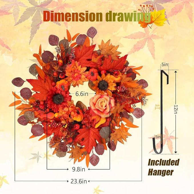 24" Fall Wreath for Front Door Outside - Sunflower, Pumpkin, Berry & Maple Leaves | Weatherproof Autumn Outdoor Wreaths with Hanger Hook for Thanksgiving, Harvest-Ruum Studio Home