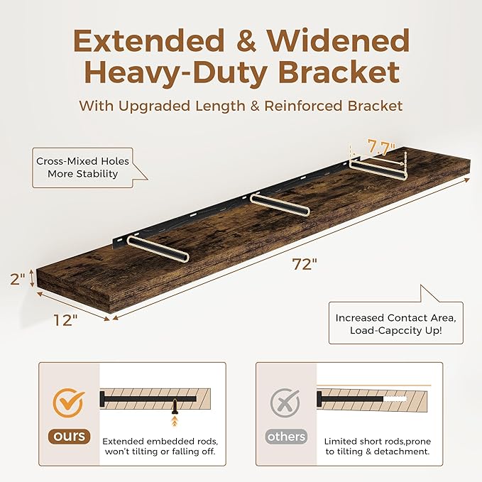 Fun Memories 72 Inch Floating Shelf, 12 Inch Deep Wall Shelf for Fireplace Mantel, Deep Storage Shelves for Home & Office, Wall Shelves with Invisible Bracket, Rustic Brown, Set of 1-Ruum Studio Home