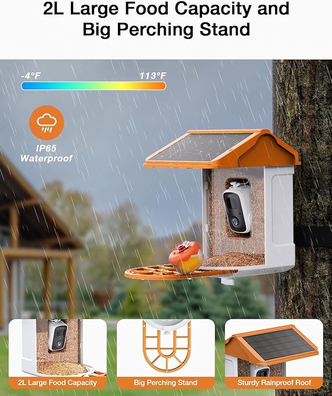 Smart AI Bird Feeder with Camera: Solar-Powered, 2K Live Video, Bird‘s Species Identification, Arrival Alerts, and Motion Capture –Wireless Bird Camera for Watching Birds (Orange)-Ruum Studio Home