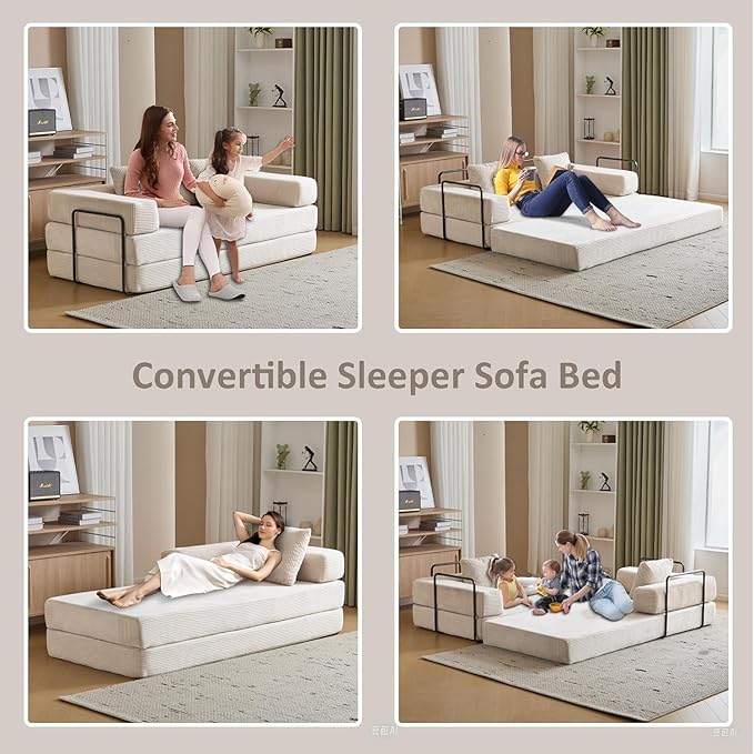 Convertible Sleeper Sofa Bed, Compression Folding Sofa with Pillow, No Assembly Required, Shape Frame, Floor Sofas Lounge Couch for Living Room, Bedroom, Small Spaces(Corduroy, 77''W, Off-white)-Ruum Studio Home