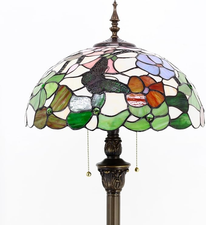 Tiffany Floor Lamp Stained Glass Lamp Standing Reading Light 16x16x70 Inch for Living Room (Butterfly Flowers)-Ruum Studio Home