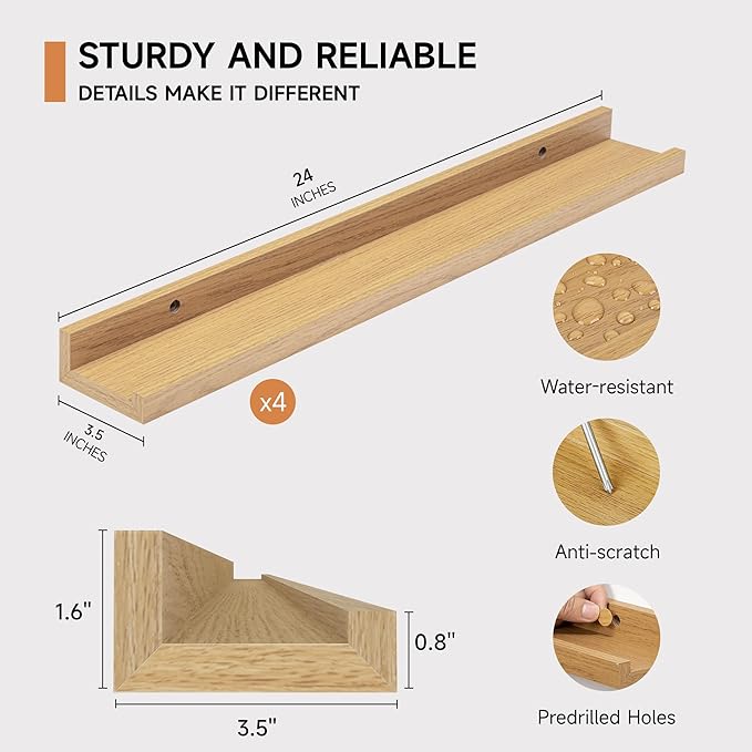 Picture Ledge Shelf for Wall, Floating Shelves Set of 4, 24 Inch Long Nursery Book Shelves for Toys Storage, Kids Bookshelf Wall Mounted for Books Photo Frames, Oak-Ruum Studio Home