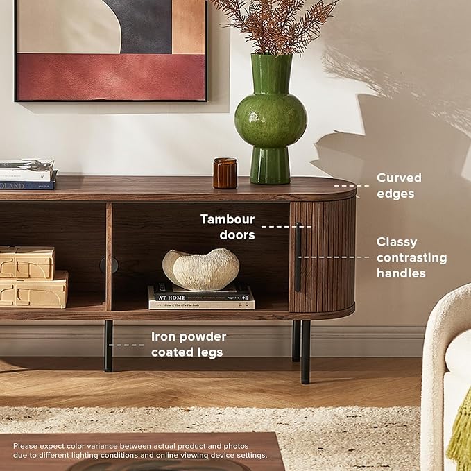 mopio Quin TV Stand, Mid Century Modern for 55/60/65 inch TV, Farmhouse TV Stand, Entertainment Center with Storage, TV and Media Console for Living Room (Walnut, 59" Tambour)-Ruum Studio Home