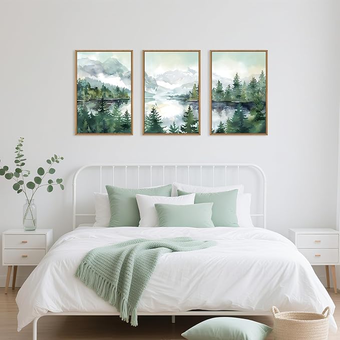 Watercolor Mountain Framed Canvas Wall Art Set, Boho Forest Wall Decor, Nature Green Pines Wall Painting, Forest Wilderness Artwork for Living Room, Bedroom, Dining Room, Office - 16"x24"x3-Ruum Studio Home
