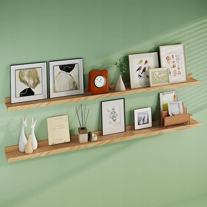 Floating Picture Ledge Shelves 72 Inch Solid Oak Wood Set of 2, Rustic Wall Storage Shelves with Lip, Kids Bookshelf, Photo & Picture Ledge Shelves for Bedroom, Living Room, Kitchen-Ruum Studio Home