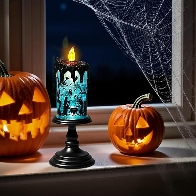 Eldnacele Halloween Snow Globe Flameless Candle with Timer, Battery Operated Spooky Spinning Water Glittering Tornado Lamp LED Candlestick Table Fireplace Witch Decal Halloween Holiday Decoration-Ruum Studio Home