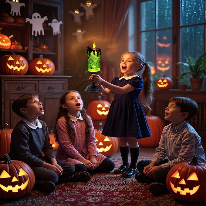 1.Halloween Snow Globe Tornado Flameless Candles Table Centerpiece for Celebration Party,Battery Operated LED Candle with 6 Hours Timer for Home Indoor Halloween Decoration (Spider)-Ruum Studio Home