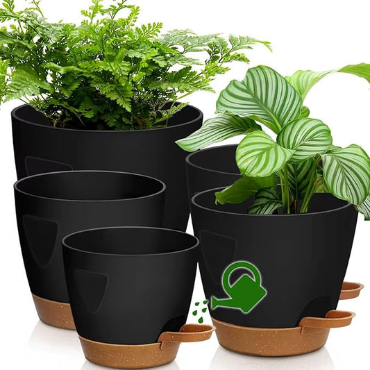 '- Uneed Plastic Flower Pot,5-Pack Plant Pots with Drainage 7/6.5/6/5.5/5 Inch,Self Watering Pots for Indoor Plants,Planters for Indoor Outdoor Plants (Black)-Ruum Studio Home