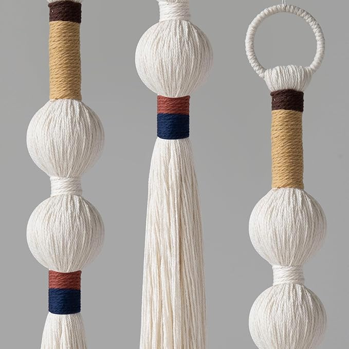 Macrame Wall Hanging Boho Decor Yarn Wall Art Small Sphericity Cotton Textile Tassel Hanging Fiber Art for Living Room Bedroom 27'' L x 2.3'' W-Ruum Studio Home