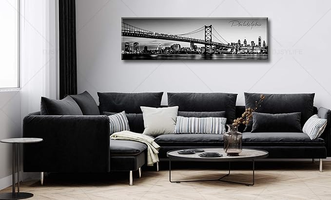 DJSYLIFE- Philadelphia Skyline Wall Art,Black and White Stretched Canvas Wall Art Prints for Bedroom or Office Decoration, Ready to Hang 13.8"x47.3"-Ruum Studio Home