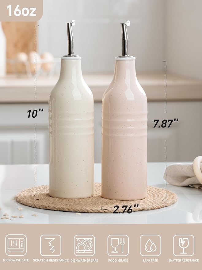 famiware Jupiter 16oz Ceramic Olive Oil Dispenser Bottle, Olive Oil and Vinegar Dispenser Bottle Set of 2 with Stainless Steel Pourers, Suitable for Storage Vinegar, Vanilla White & Light Pink-Ruum Studio Home