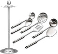 Kitchen Utensil Set – 6 Piece Stainless Steel Cooking Utensils with Rotating Holder Organizer Includes Slotted Spoon, Slotted Spatula, Large Spoon, Soup Ladle, Spatula, Pasta Server Silver/7PCS-Ruum Studio Home