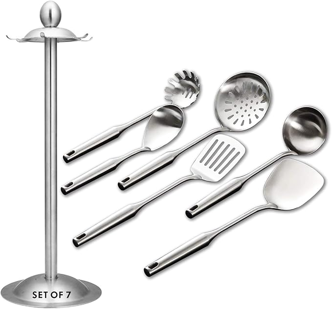 Kitchen Utensil Set – 6 Piece Stainless Steel Cooking Utensils with Rotating Holder Organizer Includes Slotted Spoon, Slotted Spatula, Large Spoon, Soup Ladle, Spatula, Pasta Server Silver/7PCS-Ruum Studio Home