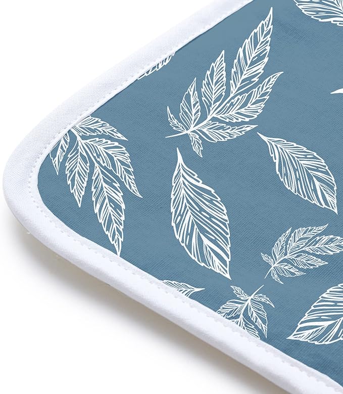 Encasa XO Ironing Mat/Pad (Small 28"x20") with 3mm Padding & Silicone Iron Rest for Steam Pressing on Tabletop or Bed - Heat Resistant, Portable, Quilting & Travel Blanket - Big Leaves Blue-Ruum Studio Home