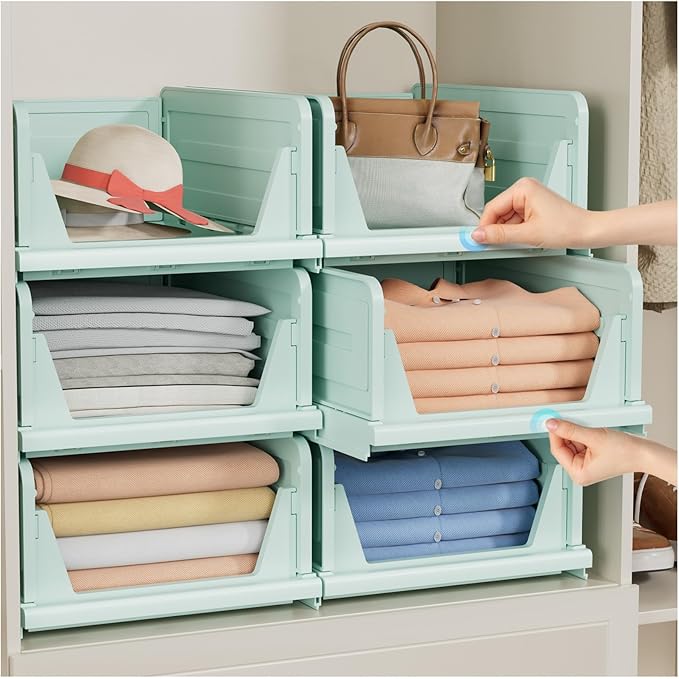 6 Pack Stackable Closet Storage Basket - Stackable Storage Bins, Multifunctional & Foldable Closet Organizer, Wardrobe Cupboard Space-Saving Hat Storage Drawer Organizer, Green-Ruum Studio Home