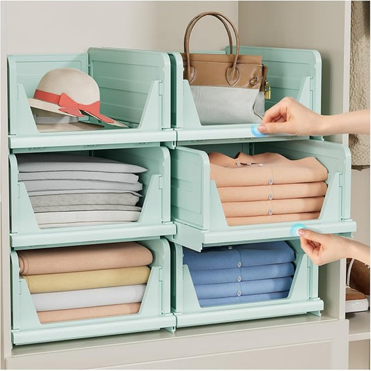 6 Pack Stackable Closet Storage Basket - Stackable Storage Bins, Multifunctional & Foldable Closet Organizer, Wardrobe Cupboard Space-Saving Hat Storage Drawer Organizer, Green-Ruum Studio Home