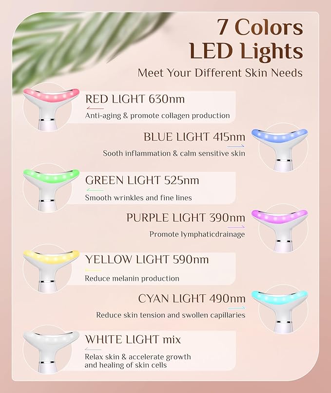 7 Color Galvanic Machines - Red Light Therapy for Face and Neck, Face Massager Tool for Wrinkles, Double Chin, Vibrating Facial Massager with Thermals, Pink-Ruum Studio Home