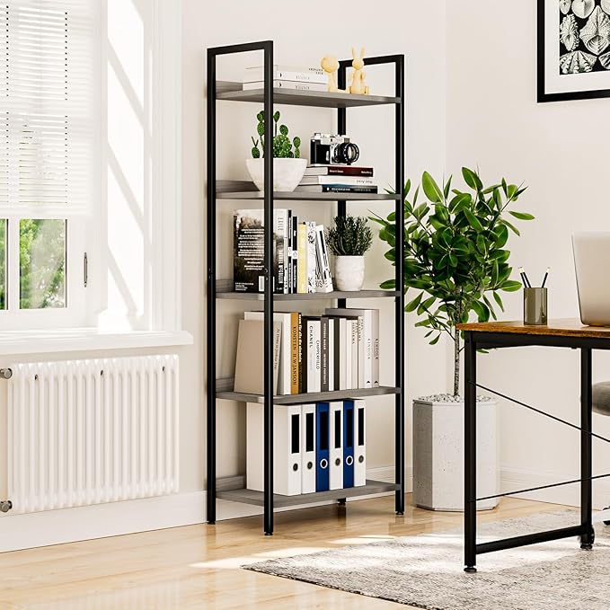 NUMENN Bookshelf, 5 Tier Bookshelves, Home Office Bookcase Shelf Storage Organizer, Free Standing Storage Shelving Unit for Bedroom, Living Room and Home Office, Grey-Ruum Studio Home