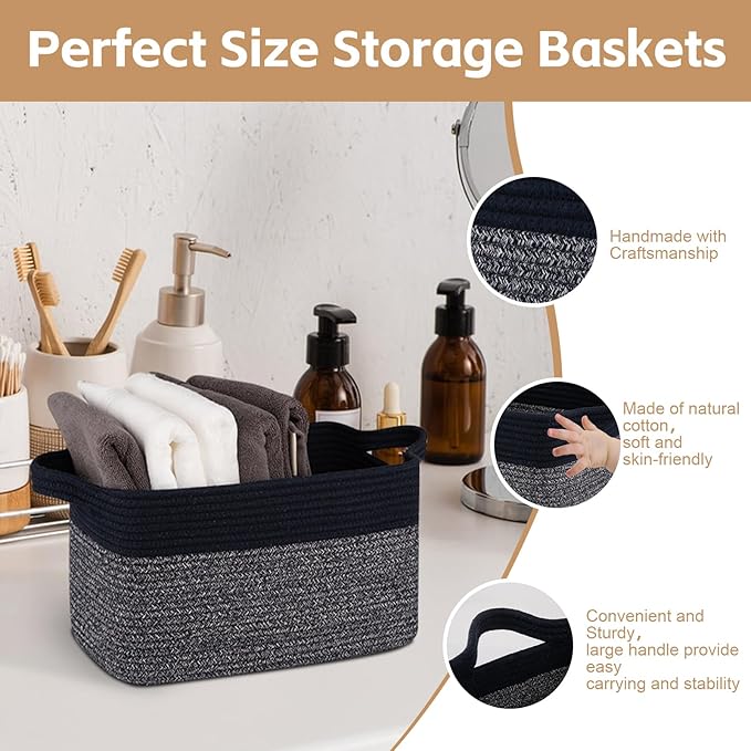 Storage Basket for Organizing, Woven Baskets for Storage, Rectangle Decorative Baskets for Shleves, Closet, Toys, Books, Nursery Organizer Bins - Pack of 3 (Blue & Black)-Ruum Studio Home