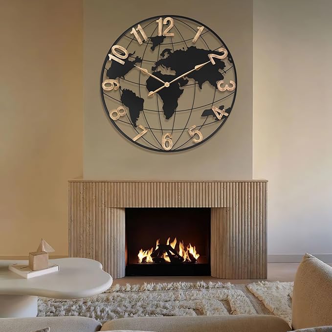 36 Inch Extra Giant Oversized Black Metal Wall Clock,Large Modern Decorative Silent World Map Wall Clock with Vintage Gold Arabic Numeral for Living Room,Entrance Fireplace,Dining Room Decor-Ruum Studio Home