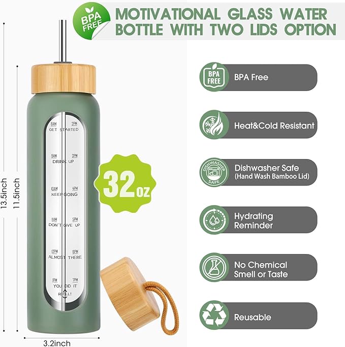 32 oz Glass Water Bottle with Straw - Motivational Time Marker & Silicone Sleeve - Reusable Tumbler Includes 2 Bamboo Lids & Fruit Infuser - 1 Pack-Ruum Studio Home