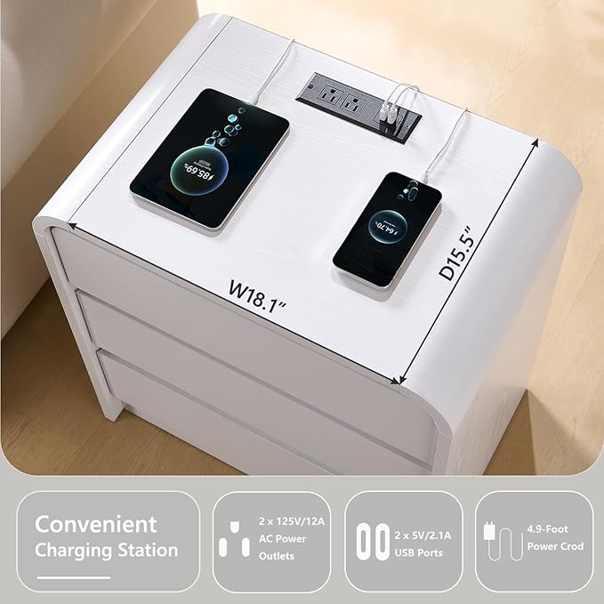 25" Tall Modern Nightstand with Charging Station, 23.6'' Wide Wood Bedside Table w/3 Storage Drawers, Small Dresser w/Curved Profile Design, End Table for Bedroom, White-Ruum Studio Home