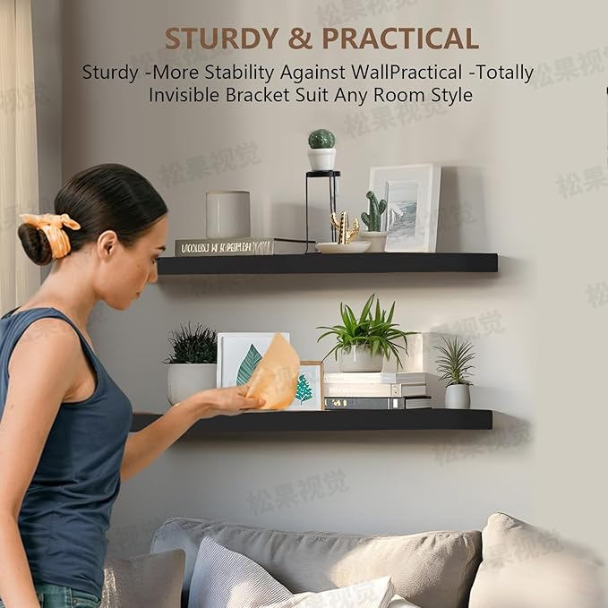 Solid Wood Floating Shelves Set of 2 - Natural, Warp & Crack Resistant 23.62 Inch Wall Shelf with Invisible Brackets Thicker, More Durable for Bathroom, Bedroom, Kitchen, Living Room (Black, 23.62)-Ruum Studio Home