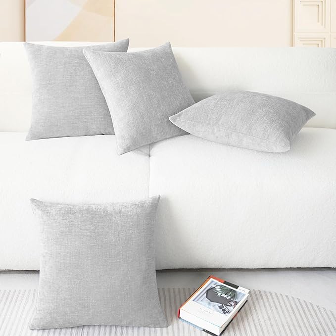 CaliTime Throw Pillow Covers Decorative 18 X 18 Inches Pack of 4 Cozy Chenille Cushion Cases for Couch Sofa Bed Living Room Home Moonbeam Gray-Ruum Studio Home