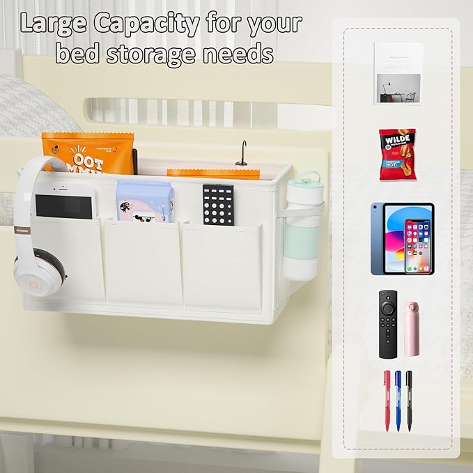 Dual-purpose Bedside Caddy Bedside Organizer, Bed Caddy with 6 Pockets, Versatile Bedside Storage Solution Magazine Remotes holder, ideal for Home, Dorm, Hospital, Crib Bed (White 2pcs)-Ruum Studio Home