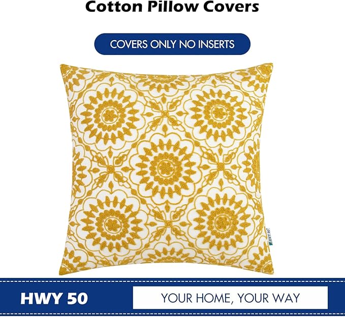 HWY 50 Yellow Decorative Throw Pillow Covers 18x18 Inch (1 Piece), Embroidered Cotton Farmhouse Cushion Cover Pillow Case for Sofa Couch Living Room Bed, Little Sunflower-Ruum Studio Home