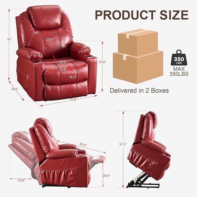 SALOHZA Power Lift Recliner Chair for Elderly with Massage and Heat for Living Room, Electric Recliner Chair for Adults with USB/Type C Port/Cup Holders, PU Faux Leather, Red-Ruum Studio Home