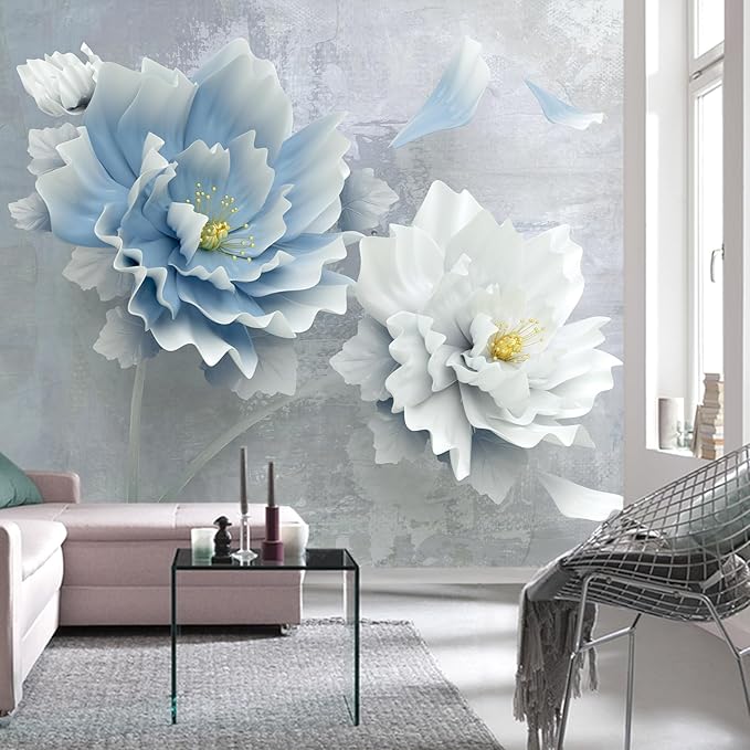 WFBHUA-Blue Floral Wallpaper Mural Modern Peony Flower Wallpaper Large 3D Art Living Room Bedroom Bathroom Wall Mural Decor (Not Peel and Stick)-Ruum Studio Home
