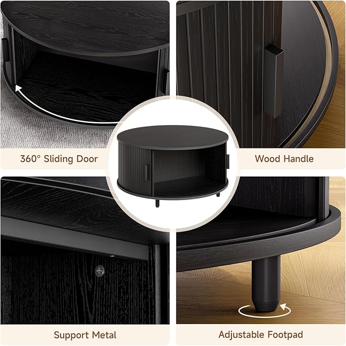 Round Coffee Table with Storage, 31.5" Modern Coffee Table with 360° Curved Sliding Door, Fluted Wood Accent Coffee Table with Adjustable Footpads, Round Center Table for Living Room, Black-Ruum Studio Home