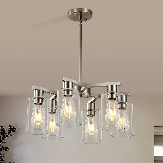 6-Light Modern Farmhouse Brushed Nickel Chandelier, Dining Room Light Fixture Over Table Adjustable Height Hanging Industrial Pendant Lights Kitchen Island, Clear Glass Shade-Ruum Studio Home