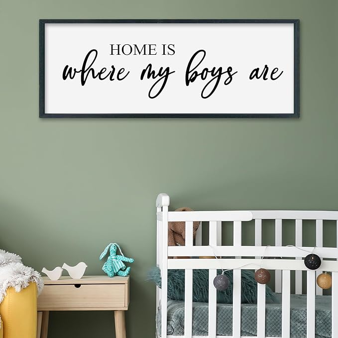 SRSZHIYUE Home Is Where My Boys Are Sign Wall Art Decor 40"×15" for Family Bedroom Large Wood Framed Wall Hanging (Black)-Ruum Studio Home