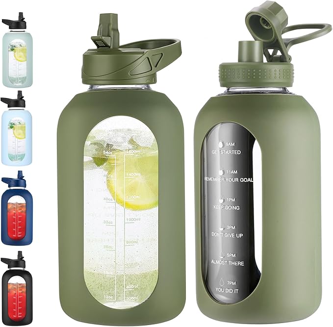 64 oz Glass Water Bottle With Straw and Handle, Half Gallon Sports Motivational Water Jug Flask with Silicone Sleeve, Large Water Cup with Time Marker for Travel, Gym, Army Green-Ruum Studio Home