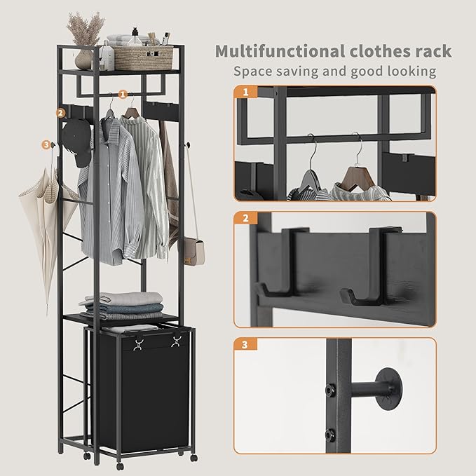 Coat Rack with Laundry Basket, Laundry Hamper Freestanding Hall Tree, Clothes Rack with Storage Shelves, 14.5 Gal Removable Bags on Wheels, Black JLH005B-Ruum Studio Home