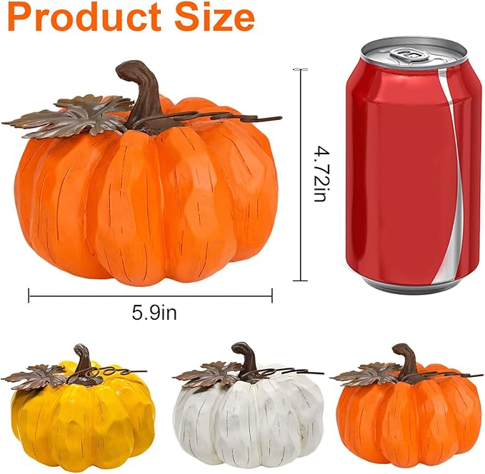 Large Pumpkin Decor Fall Decor, 3PCS Resin Pumpkins Thanksgiving Decorations with Metal Maple Leaf,5.9Inch Artificial Pumpkins for Home, Farmhouse, Mantel, Centerpiece Table Decorations-Ruum Studio Home