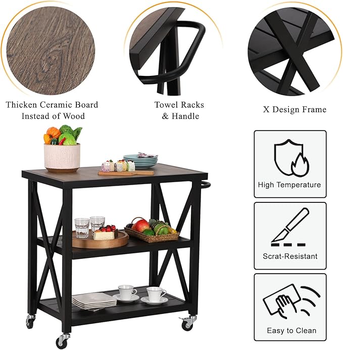 PHI VILLA Outdoor Grill Table, Elegant Grill Cart with Ceramic Wood Grain Table Top, Serving Cart with Shelves, Patio Grilling Backyard BBQ Grill Cart, Black-Ruum Studio Home