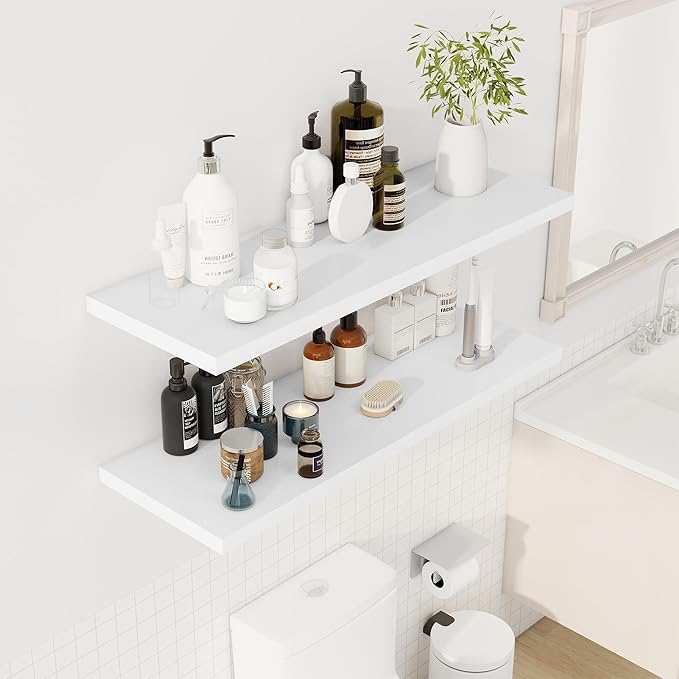 40" Floating Shelves for Wall, 12" Deep Slim White Floating Shelves, Wall-Mounted Shelves for Bedroom, Living Room, Kitchen, Bathroom - Set of 2-Ruum Studio Home