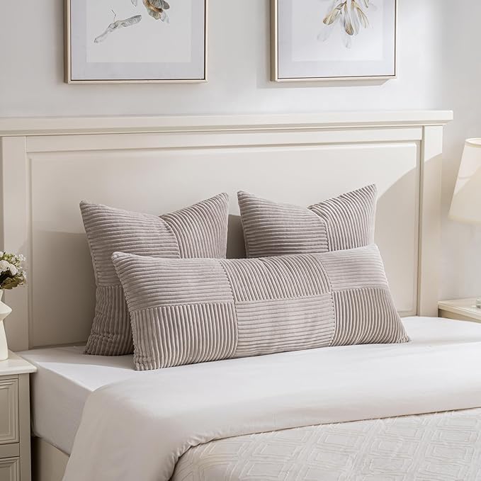Fancy Homi Set of 2 Neutral Taupe Boho Long Lumbar Body Decorative Throw Pillow Cover 14x36 Inch for Bed Couch Bedroom Bench, Soft Patchwork Corduroy Textured Pillow Case, Farmhouse Room Decor-Ruum Studio Home