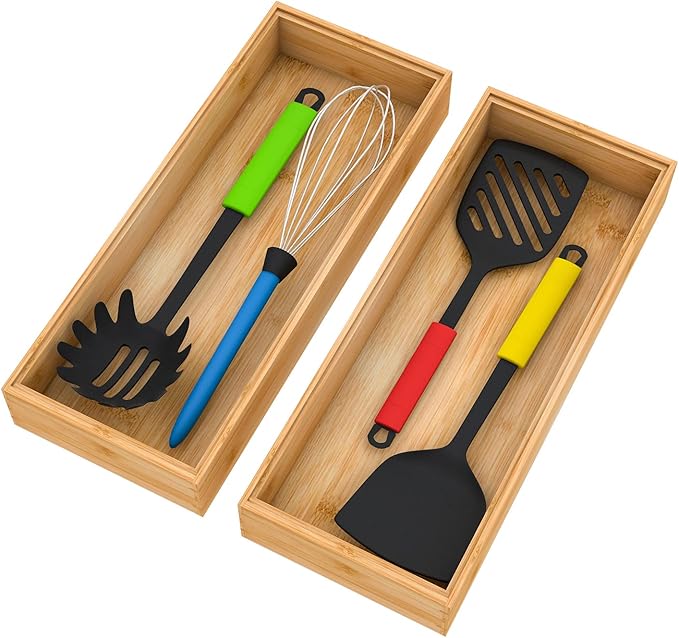 Drawer Organizer Storage Box Kitchen - Wood Stackable Tray Utensil Organizer for Office Drawers,Cabinets,Shelves,Pantry,or Bathroom Counter,Drawer Dividers for Silverware Set of 2（15x6x2.5inch）-Ruum Studio Home