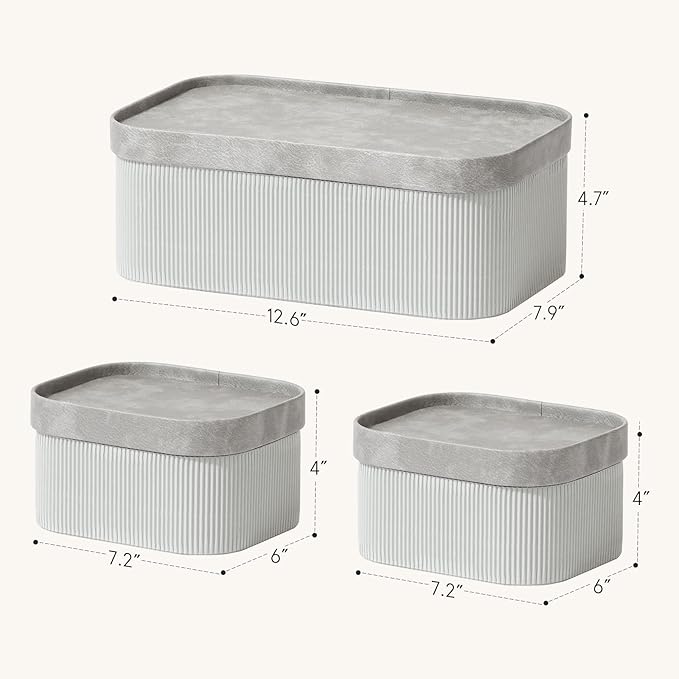 La Jolie Maison Fluted Cardboard Storage Baskets with Vegan Leather Lids, Sturdy Stackable Paper Boxes Decorative Tray, Modern Basket Organizer Bins Bathroom Bedroom Organizing, Storm Grey, Set of 3-Ruum Studio Home