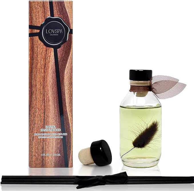 LOVSPA Reed Diffuser Set, Santal (Sandalwood) Scented Oil Diffuser with Sticks, Home Fragrance Accessories for Bathroom Shelf Decor, Aroma Diffusers for Home or Office Fall Decor, USA Made-Ruum Studio Home