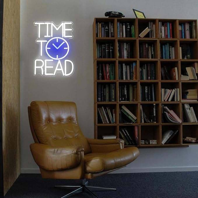Time To Read Neon Sign Read Books Neon Light White Letter LED Signs Blue Clock Neon Read Light Up Sign for Bedroom Classroom Library Reading Corner Bookstore Decor-Ruum Studio Home