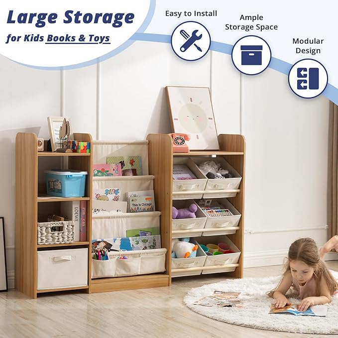 Kids Toy Book Storage Organizer - Large Bookshelf with 7 Removable Bins, Baby Bookshelf and Toy Storage, 4-Tier Book Shelf for Kids Room, Playroom, Classroom, 51 inch, Burlywood-Ruum Studio Home